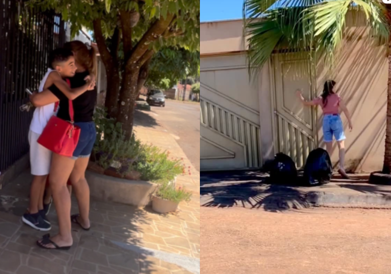 A mãe Kesley toca a campainha, enquanto os meninos estão escondidos nos sacos de lixo, em seguida vem a emoção: abraço e muita alegria. Foto: kesley_maededois