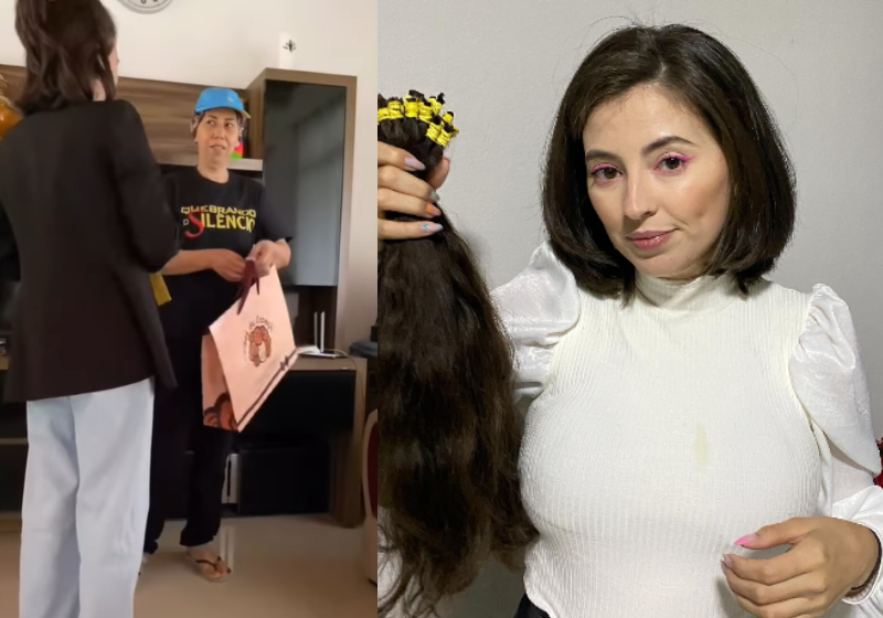 Carol tinha o cabelo abaixo da cintura e não pensou duas vezes para doá-lo à madrinha, em tratamento contra o câncer. Que emoção! Foto: @caroltavaresoficial