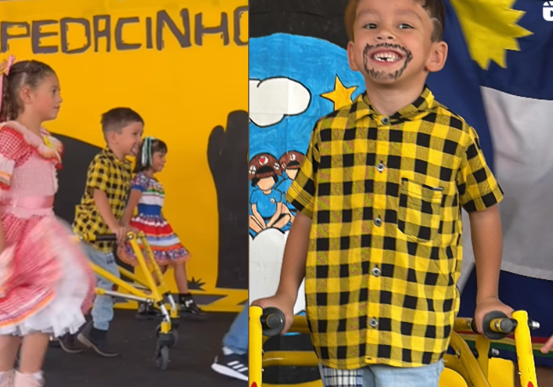 A carinha de alegria do Enzo. O menino, com paralisia cerebral, deu um show na apresentação da festa junina da escola, ao lado dos coleguinhas, em Brasília. - Foto: @souenzoamorim