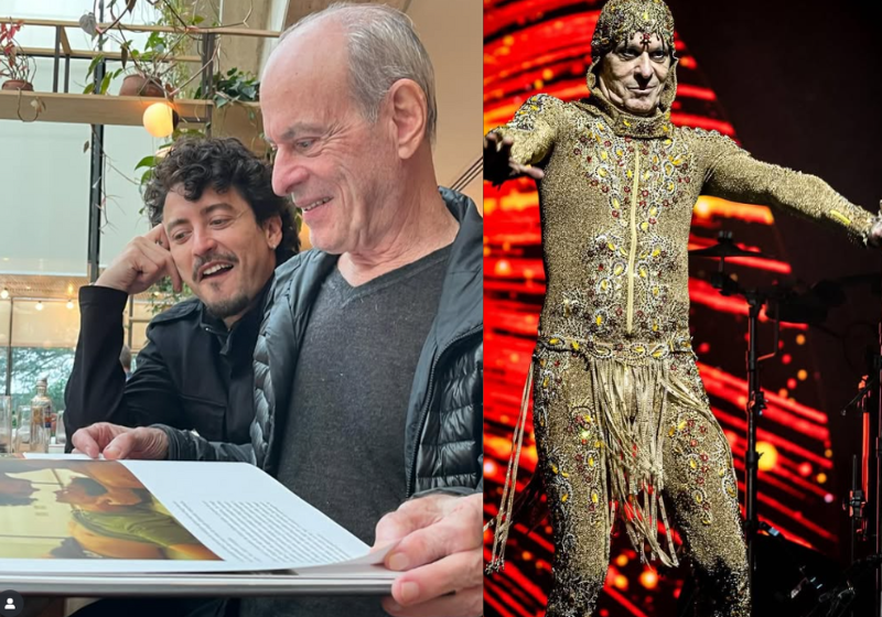 Ney Matogrosso ao lado de Jesuíta Barbosa, que o interpreta nas telas, vendo imagens do filme Homem com H que bate recorde de bilheteria em um mês. Foto: @neymatogrosso