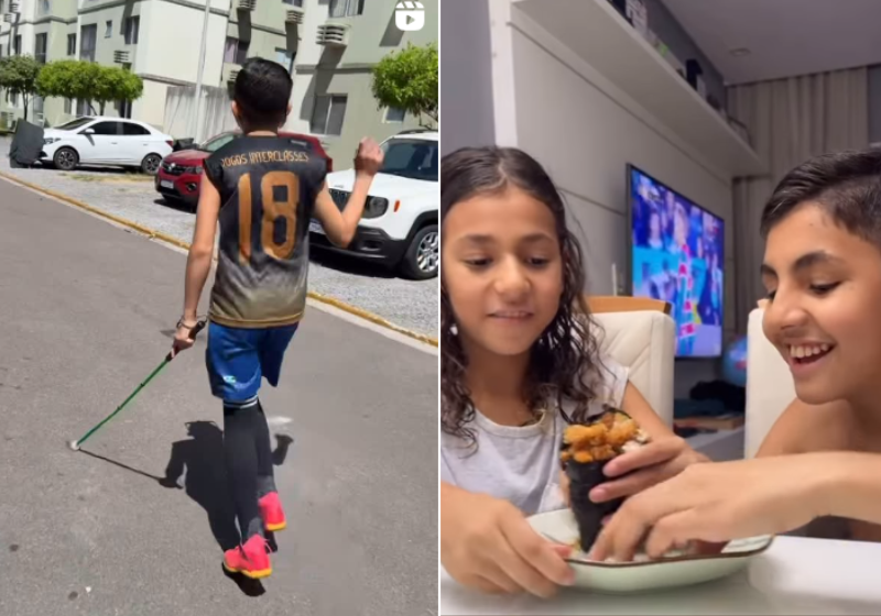 Davi não se limita, a deficiência visual é um desafio para o menino que conta com a ajuda constante da irmã Luiza. Foto: @davivencedor
