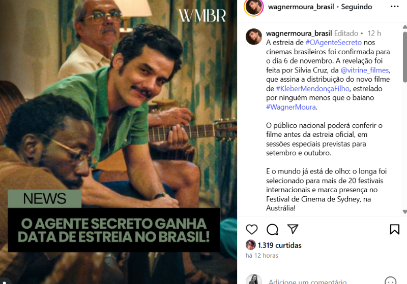 O filme O Agente Secreto, com Wagner Moura, conta a história de um professor que é espião, em plena ditatura. Foto: @wagnermoura 