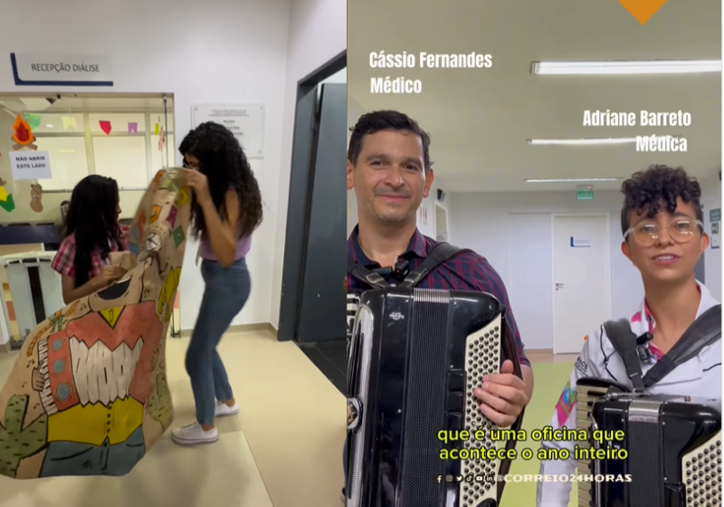 Festa Junina no hospital, por que não? Os médicos Cássio e Adriane, sanfoneiros animados, acreditam que a alegria é um grande remédio. Foto: Correio da Bahia 