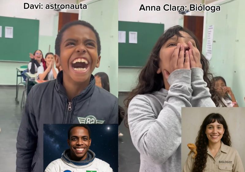 A professora Gioavanna Lopes, de Campinas, descobriu a profissão dos sonhos dos alunos e, com ajuda da IA, mostrou como eles são no futuro. As reações são lindas e inspiradoras. - Fotos: Gioavanna Lopes