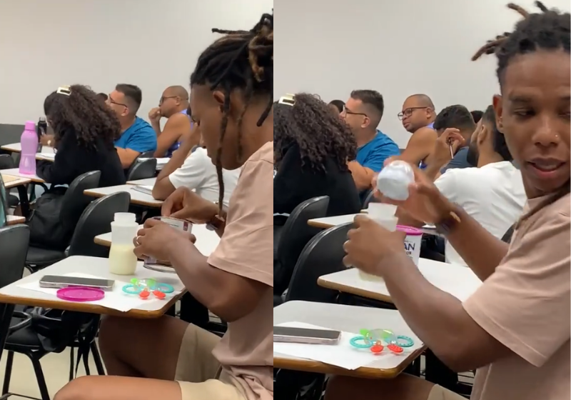 Pai faz mamadeira para filha na sala de aula e ganha apoio de colegas da faculdade; vídeo Everton, o pai de Salvador (BA), faz a mamadeira da filha durante as aulas na faculdade de Direito e tem apoio dos colegas e do professor. - Foto: @everttonnonato/Instagram