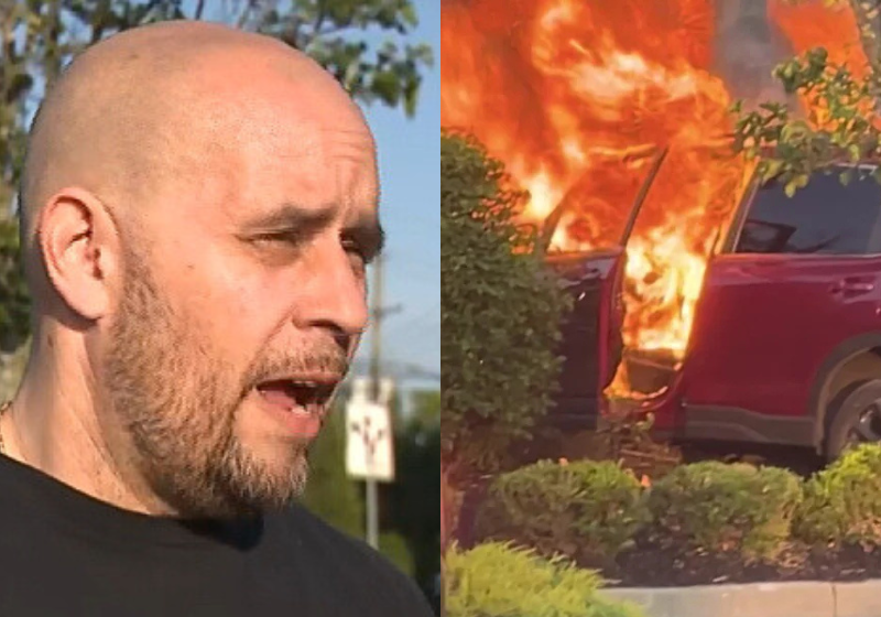 O herói Charles Parry, dos Estados Unidos, salvou um homem idoso do carro em chamas, pouco antes de uma explosão. - Foto: Charles Parry