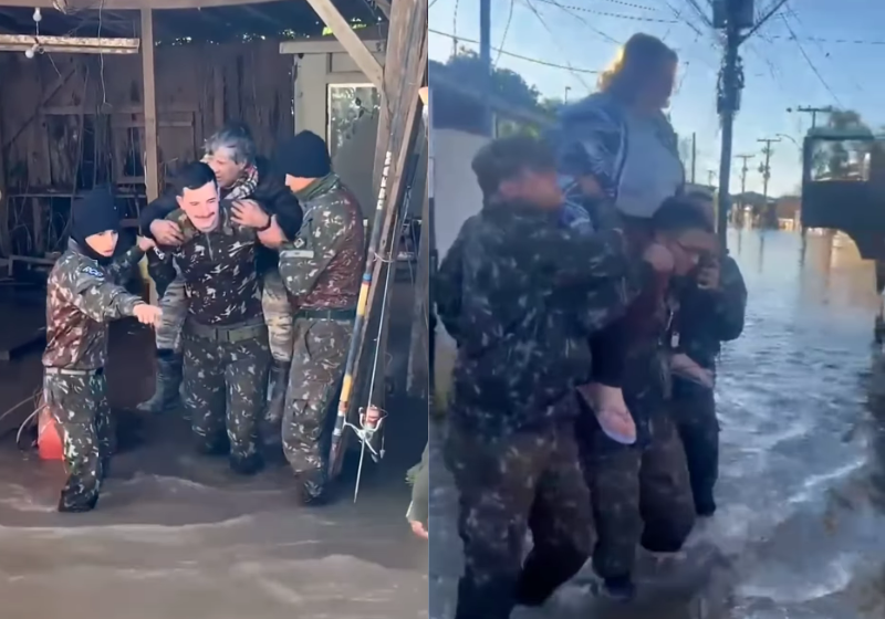 Oficiais do exército montaram uma força-tarefa para resgatar idosos ilhados dentro de casa, em cidades inundadas pelas chuvas no Rio Grande do Sul. - Foto: reprodução redes sociais