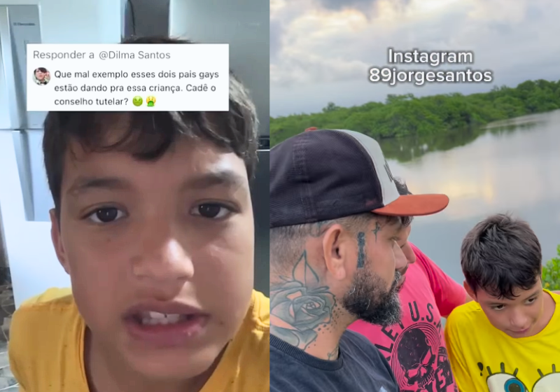 O menino William, que hoje vive em MG, respondeu a melhor resposta a um comentário homofóbico que recebeu nas redes: mostrou como vive bem e defendeu os dois pais gays. - Foto: @89jorgesantos/Instagram