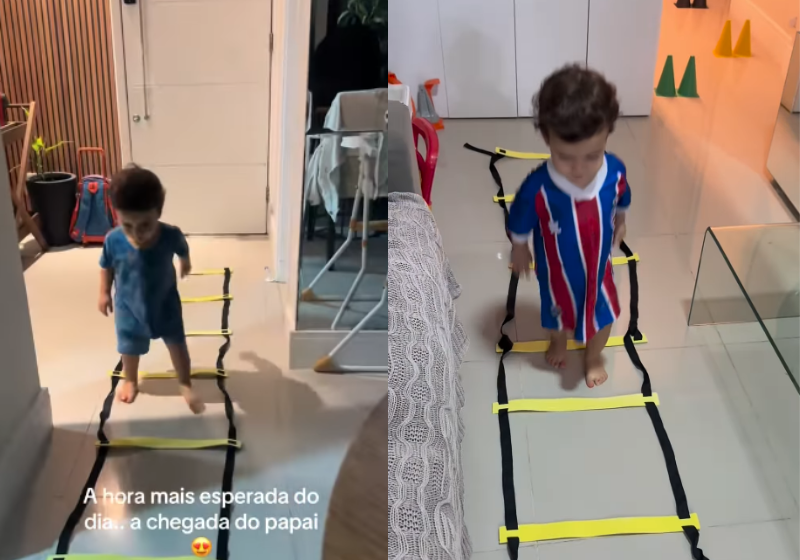 O menino Felipe, de Salvador, tem apenas 2 anos e adora fazer o circuito de treino com o pai. - Foto: @manucalomenii/Instagram