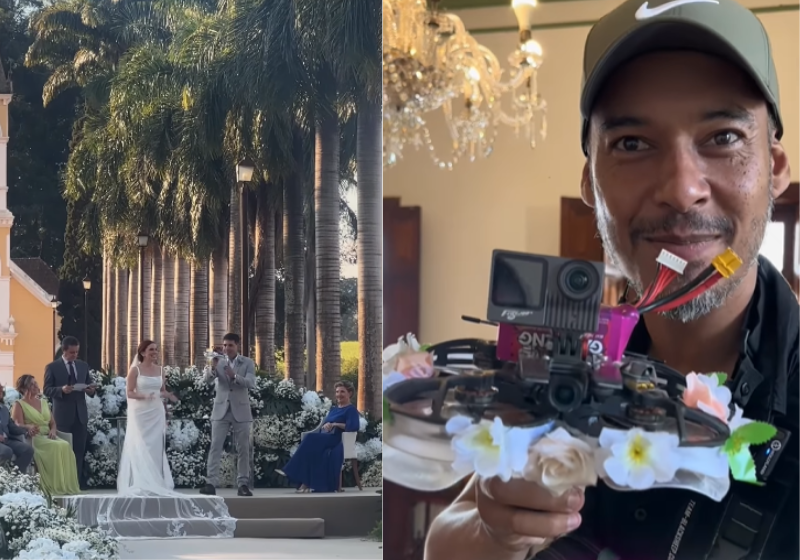 O Abu, o expert no assunto, é que preparou o drone para ser a daminha de nora e levar as alianças na hora do casamento. Maria Julia e Dan adoraram! Foto: abu_fpv_freestyle
