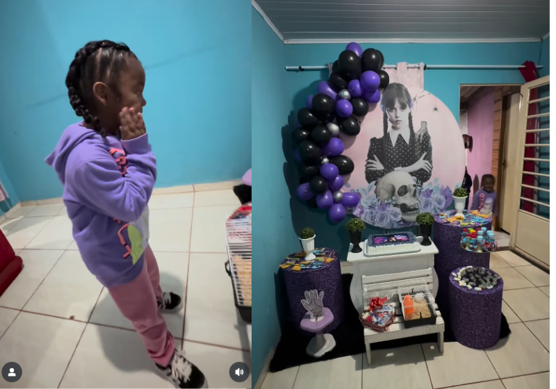 A menina Ana Laura emociona a mãe Daiane e a web ao ver a festa dos sonhos realizada e na sala da casa dela. É a Wandinha! Foto: @daiane_morenavendedora