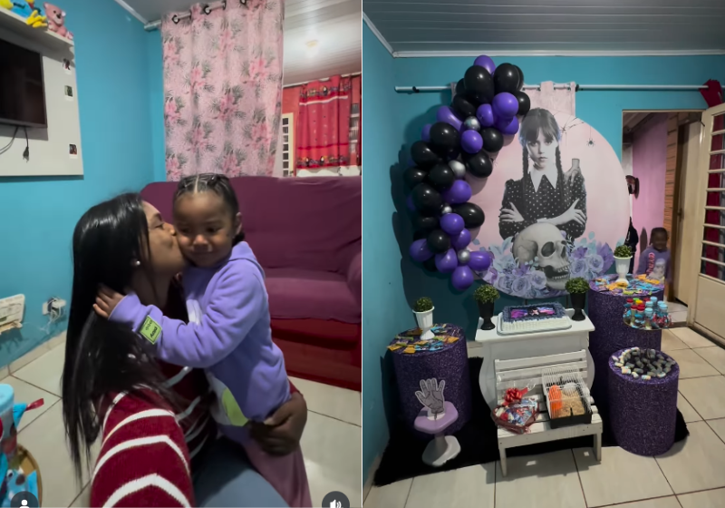 Em Ibiúna (SP), a mãe Daiane emociona a menina Ana Laura com a festa dos sonhos dela: tema Wandinha. - Foto: @daiane_morenavendedora