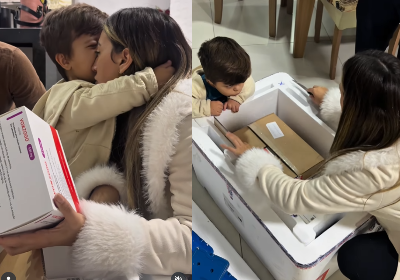 A mãe Vanny e o filho Mario Neto comemoram juntos a chegada do Voxzogo, remédio caro, que trata o nanismo. Foto: @vannysanttos23