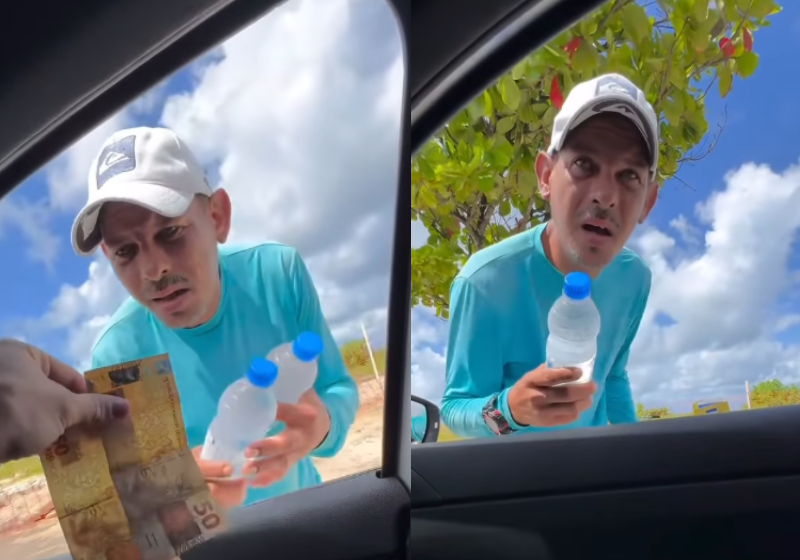 O melhor é a emoção do ambulante que parece não acreditar nas duas notas de R$ 50. Foto: @renatojunioriat