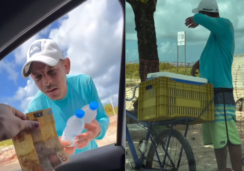 Esse ambulante estava vendendo água quando teve uma surpresa de um comprador que lhe pediu fiado. O vendedor confiou e ganhou R$ 100 pela gentileza. Foto: renatojunioriat