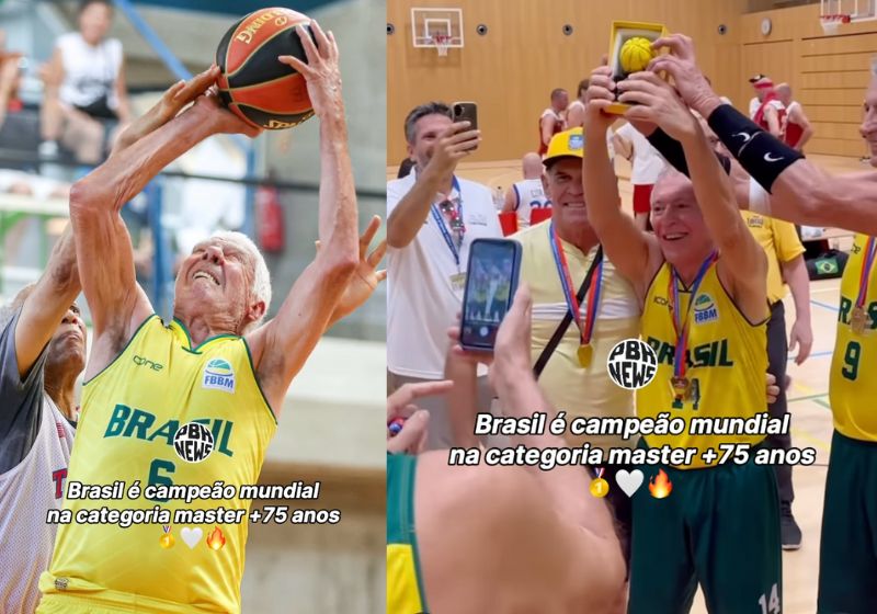 A Seleção Brasileira 75+ é campeã no Mundial de Basquete. Nosso atletas idosos venceram os Estados Unidos no Master da FIMBA, na Suíça. - Fotos: FBBM