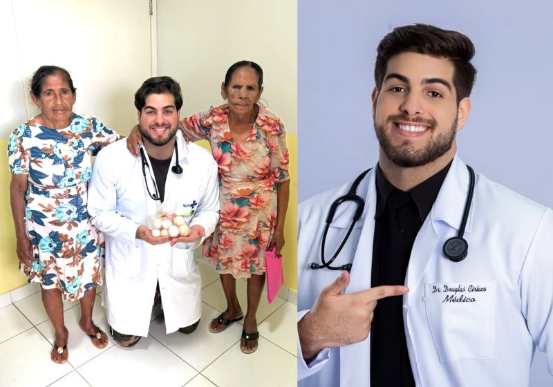 As pacientes idosas Cícera e Antônia levam ovos de presente para o médico Douglas Ciríaco, que as atende com carinho pelo SUS numa área rural das Alagoas. - Foto: @dr.douglasciriaco