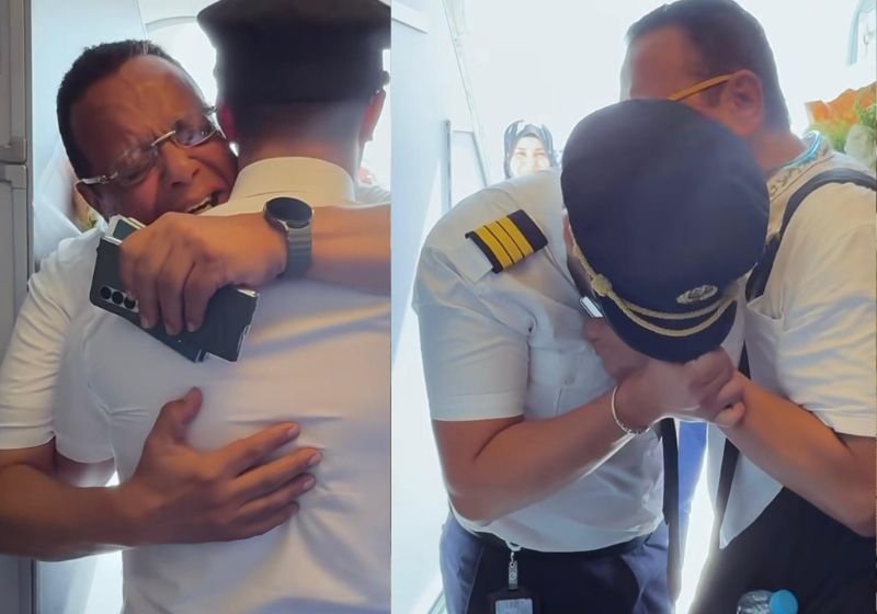 O pai se emociona e chora muito ao ver que o filho será o piloto do voo que iria embarcar, na Egypt Air, no Egito. - Fotos: @el.kassaby738