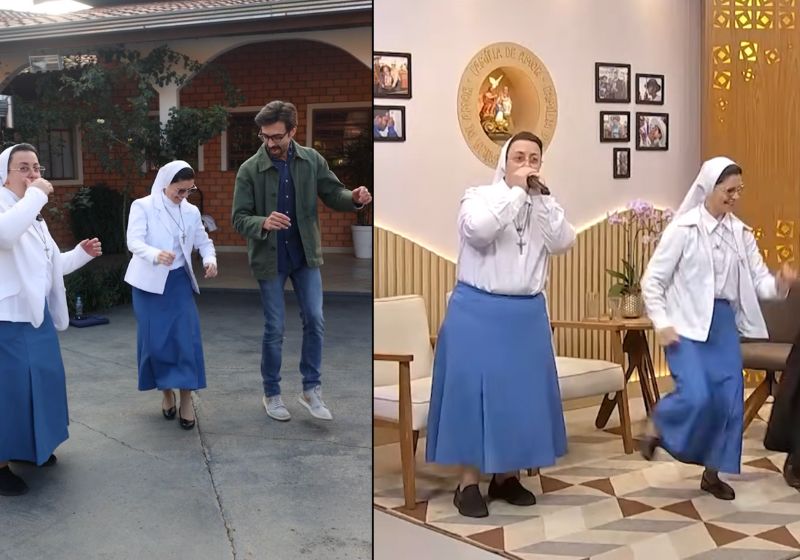 O repórter do The New York Times dançou beatbox com as freiras brasileira do Paraná, que viralizaram no mundo - Foto: reprodução TV Pai Eterno/NYT
