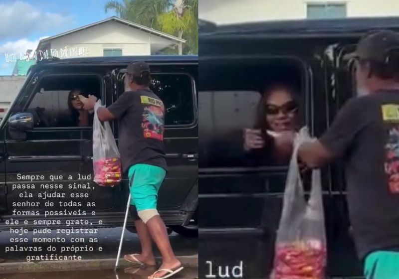 O vídeo do momento em que Ludmilla para e ajuda o idoso Iris, no Rio de Janeiro, foi gravado de longe, sem que ela percebesse. Foto: reprodução/ @squadbrumilla