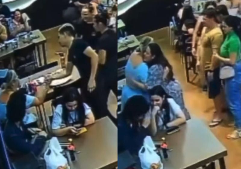 Quando os funcionários do restaurante de Manaus (AM) perceberam que ninguém foi no aniversário da Rafaella, cantaram parabéns para ela e os clientes foram cumprimentá-la. - Foto: câmeras de segurança