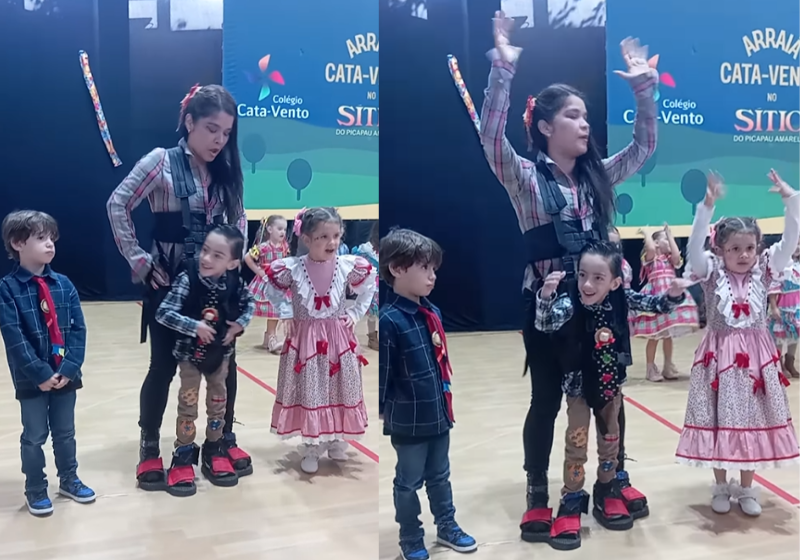 O equipamento preso no corpo da professora ajudou aluno PcD a dançar na festa junina da escola em Rio Preto (SP). - Foto: reprodução redes sociais
