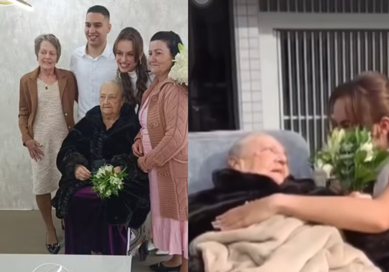 A avó estava internada na UTI e, graças a equipe médica, conseguiu participar do casamento da neta, em Curitiba (PR). Dias depois ela melhorou e teve alta. - Foto: G1