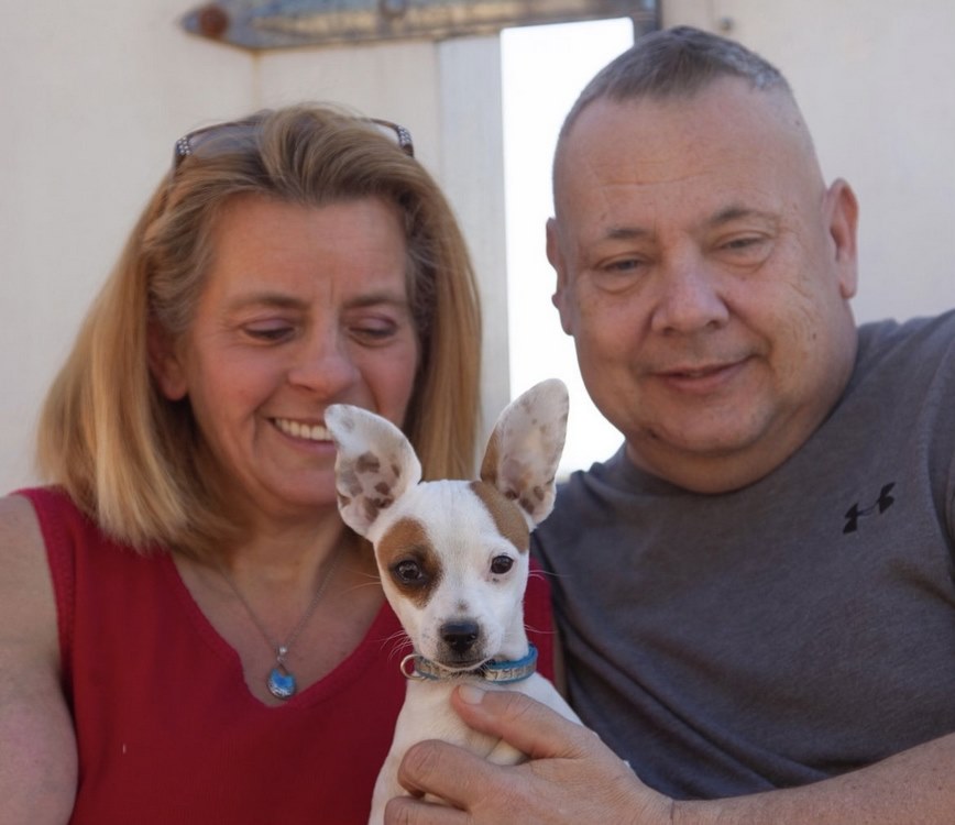 Pâmela, Champ e Andrew, após o chihuahua avisar sobre o ataque cardíaco e salvar a vida do tutor. - Foto: SWNS