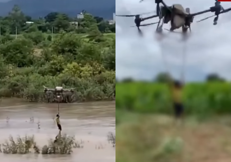 O fazendeiro Tran Van Nghia resgata duas pessoas que estavam presas em uma enchente com um drone agrícola, no Vietnã. - Foto: reprodução redes sociais