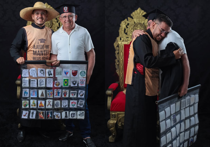 O filho, de Sobral (CE), fez uma homenagem linda ao pai, que vendia adesivos para pagar a faculdade dos filhos. - Foto: reprodução redes sociais