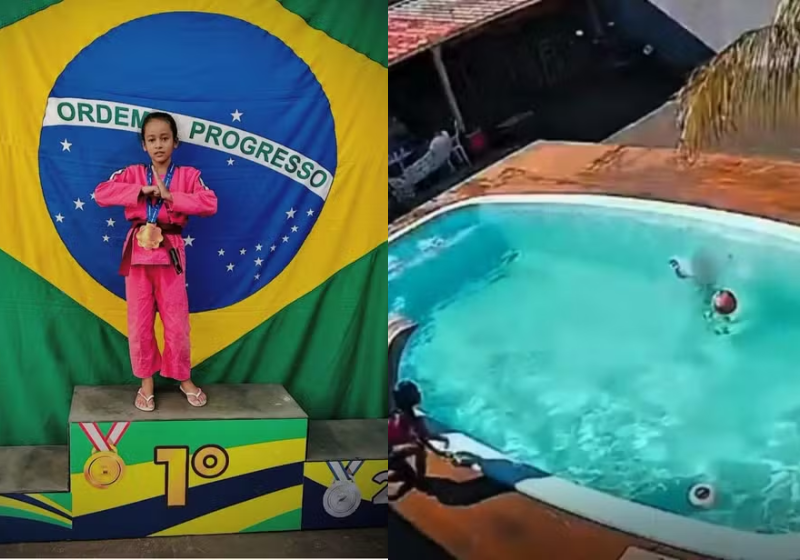 No vídeo compartilhado nas redes sociais, a menina Ashley, de Quirinópolis (GO), pula rapidamente na piscina e salva o coleguinha, que se afogava. - Foto: reprodução redes sociais