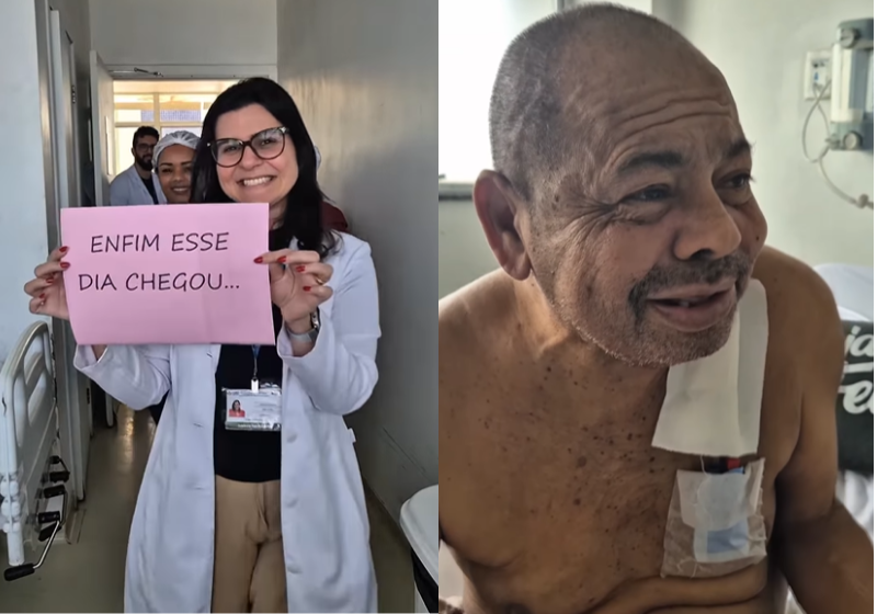 O hospital da Bahia fez uma festa linda para o paciente Edísio, que ficou mais de um ano internado e finalmente recebeu alta. - Foto: reprodução redes sociais