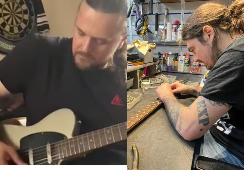 O músico Mark fez uma homenagem linda, implantando as cinzas do pai falecido na guitarra que ele usa nos shows. - Foto: arquivo pessoal
