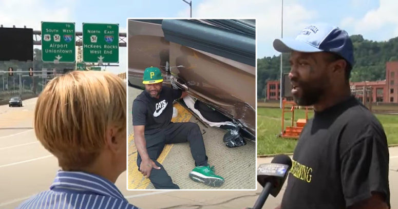 Nathan segura a mão da mulher presa no carro, após acidente, até a chegada do resgate. - Foto: WTAE