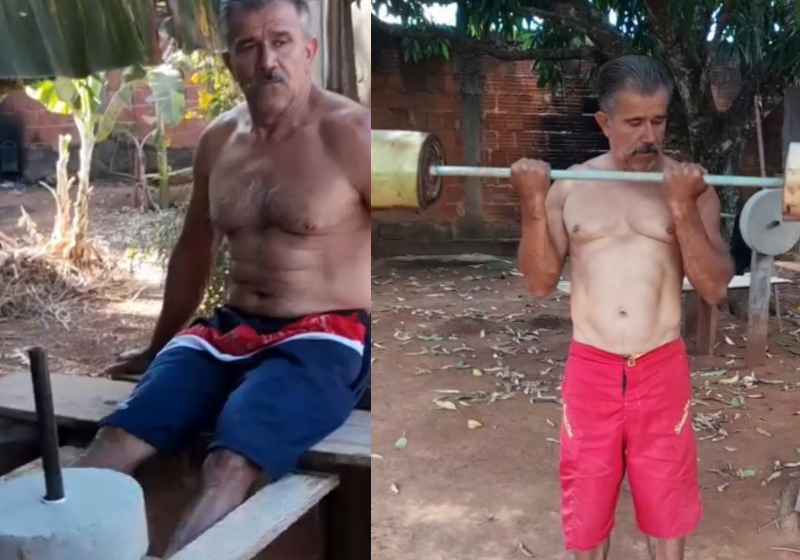 Seu José Leandro, conhecido como "Véi Maromba", virou celebridade nas redes sociais após criar na cada dele, em Goiás, uma academia feita com concreto. - Foto: reprodução redes sociais