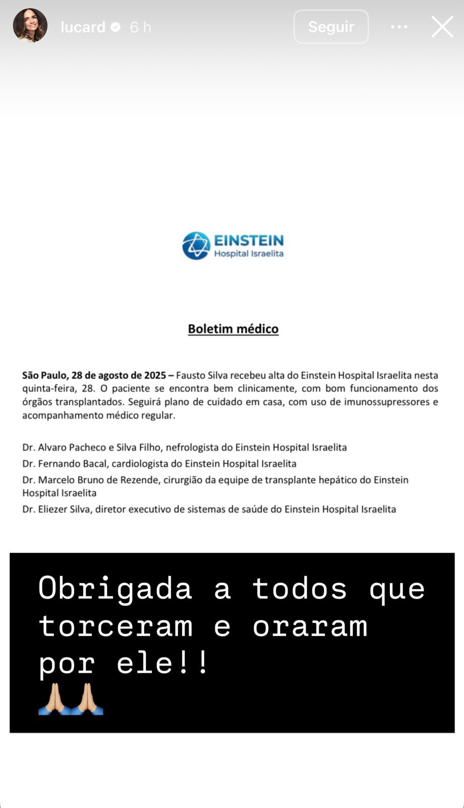 Stories de Luciana Cardoso no Instagram com o boletim médico de Faustão - Foto: reprodução/Instagram
