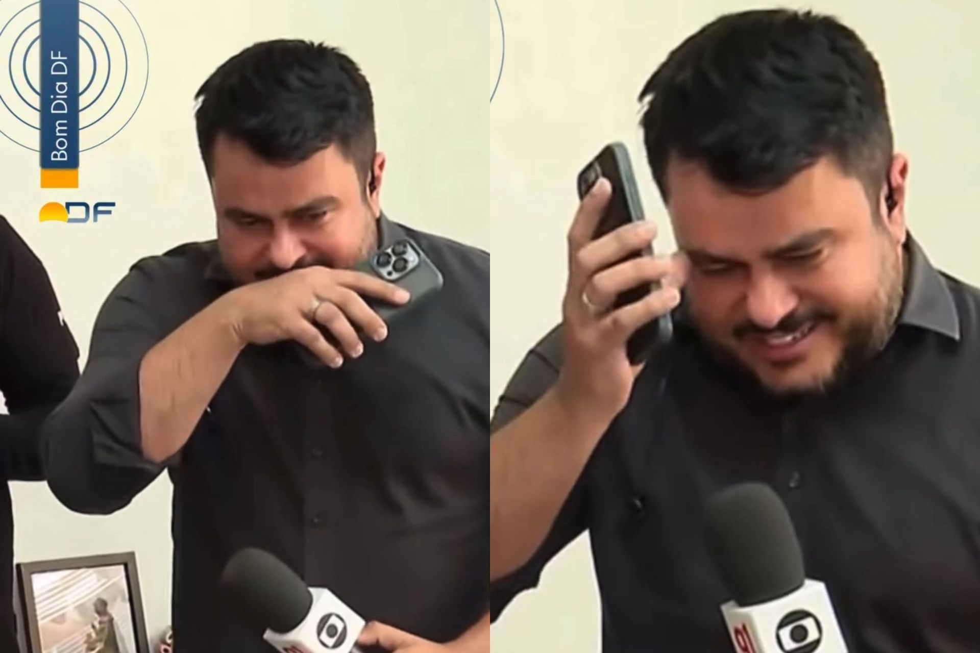 O repórter Geraldo Beckher, da TV Globo Brasília, chora ao vivo enquanto fazia um link sobre animais resgatados, no Bom Dia DF. - Fotos: reprodução/TV Globo/Instagram