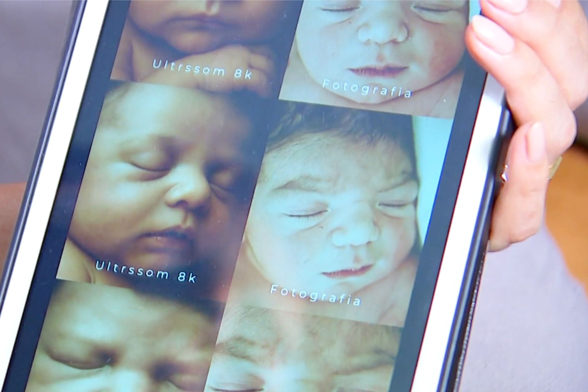 Ultrassom em 8d (à esq) e a foto real do bebê assim que nasceu (à dir)/ - Foto: reprodução/Fantástico