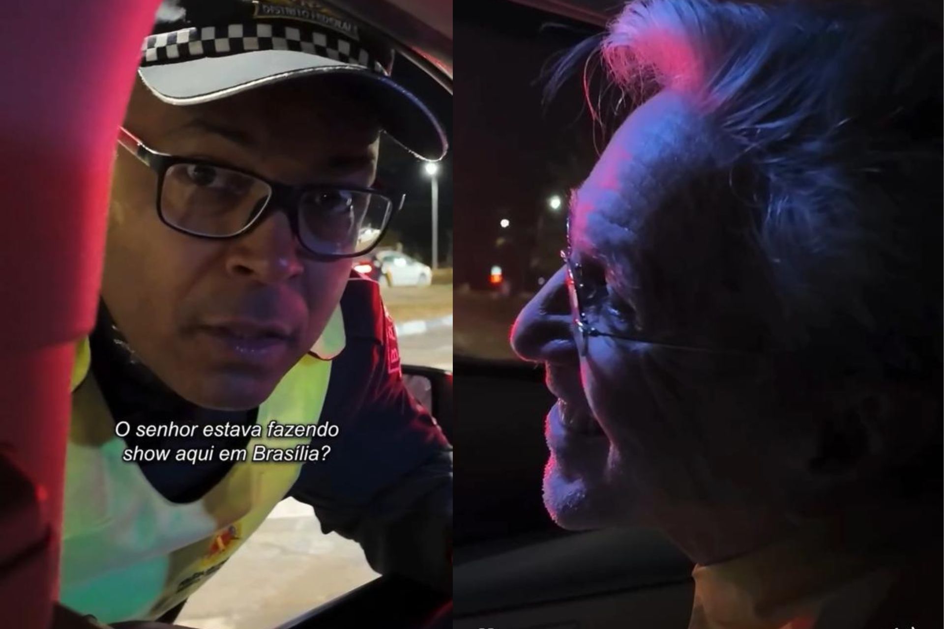 Durante blitz de trânsito em Brasília, um policial vê Caetano Veloso no carro e beija o cantor. O vídeo engraçado está divertindo as redes. - Fotos: reprodução/Instagram