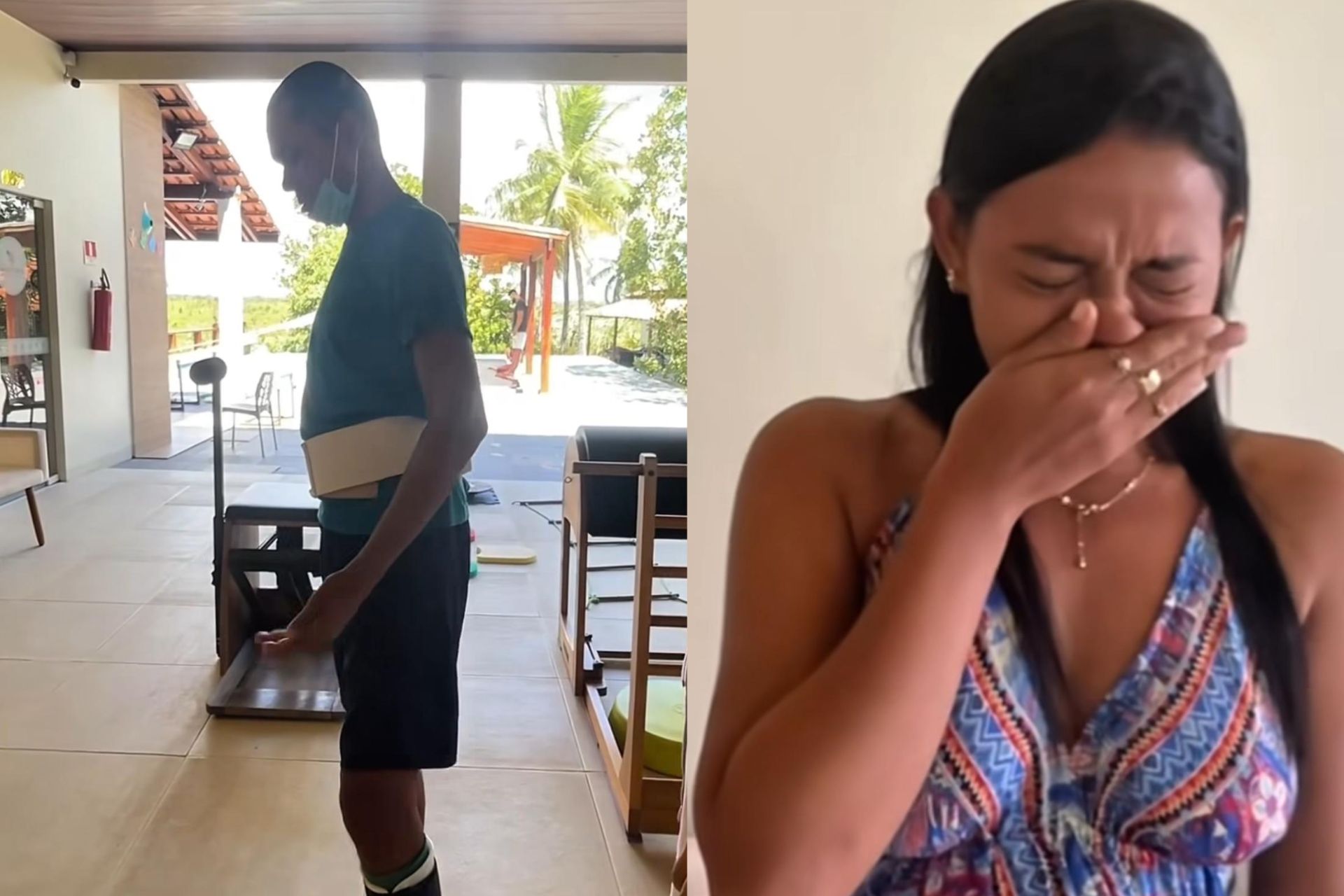 No Pará, seu Nelson, o pai, anda pela 1º vez depois de um AVC que o fez tirar parte do crânio e perder os movimentos das pernas. Prometeu para a filha e cumpriu. Fotos: reprodução/Instagram