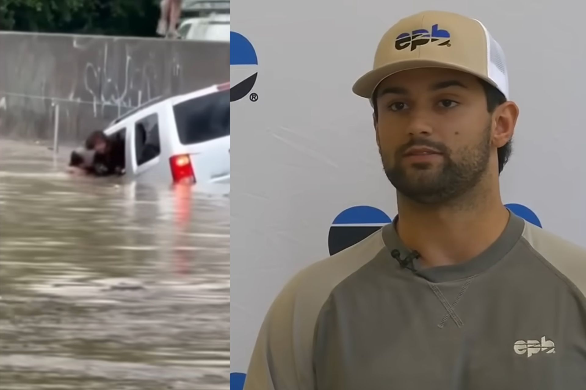 Troy, o jovem herói de 22 anos pula na enchente, quebra as janelas e salva mulher que estava no carro que afundava na água no Tennessee (EUA). - Fotos: reprodução /Local3News