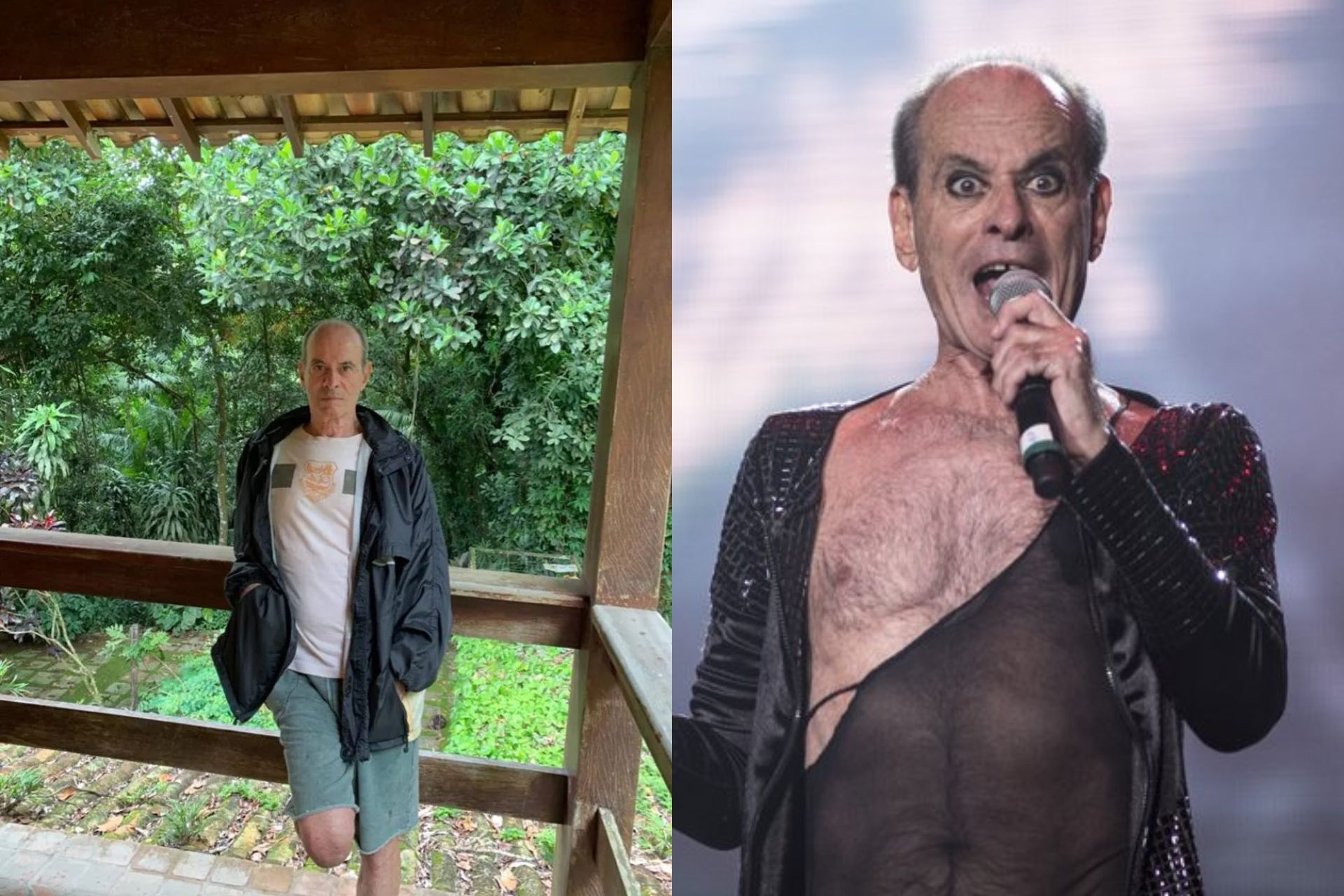 Ney Matogrosso na propriedade em Saquarema e, ao lado, se apresentando em show.- Fotos: Saquaremaonline/GettyImages