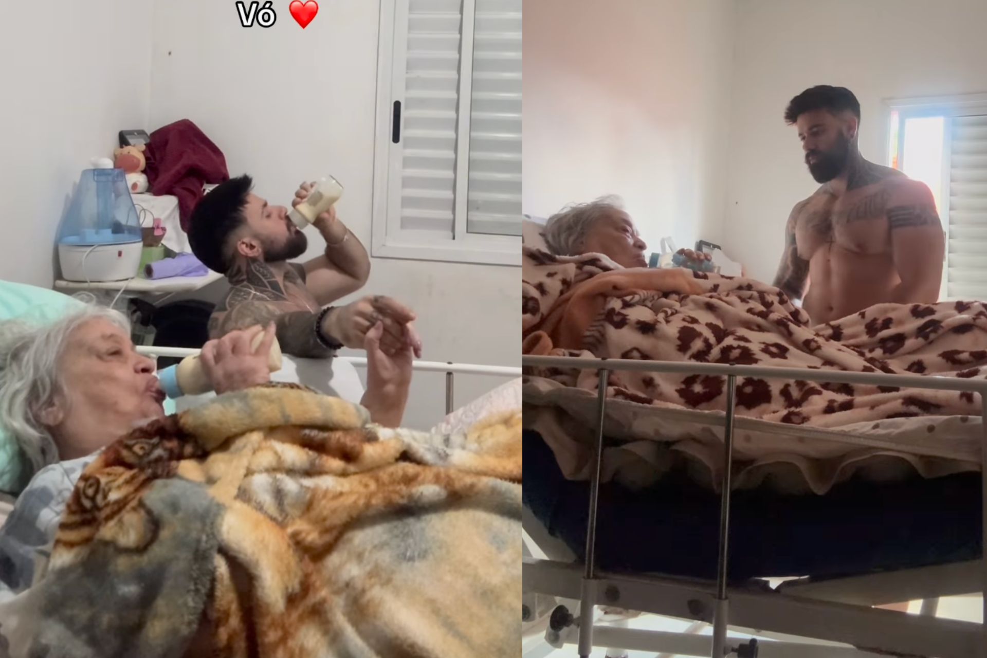 Neto adulto toma mamadeira com vovó doente e vídeo viraliza; amor e gratidão