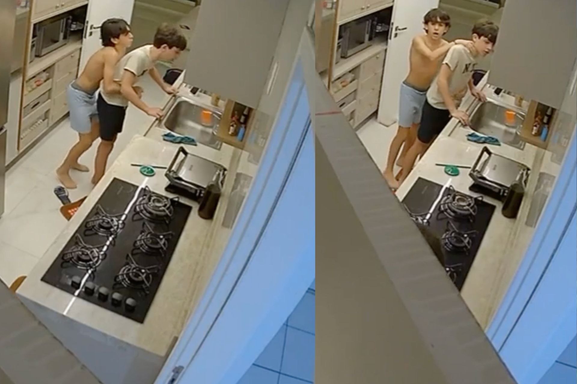 Silas, de 13 anos faz várias fezes a manobra de Heimlich no primo Igor, de 14, que estava engasgado, e consegue salvar a vida dele, em Fortaleza (CE).- Foto: câmera de segurança