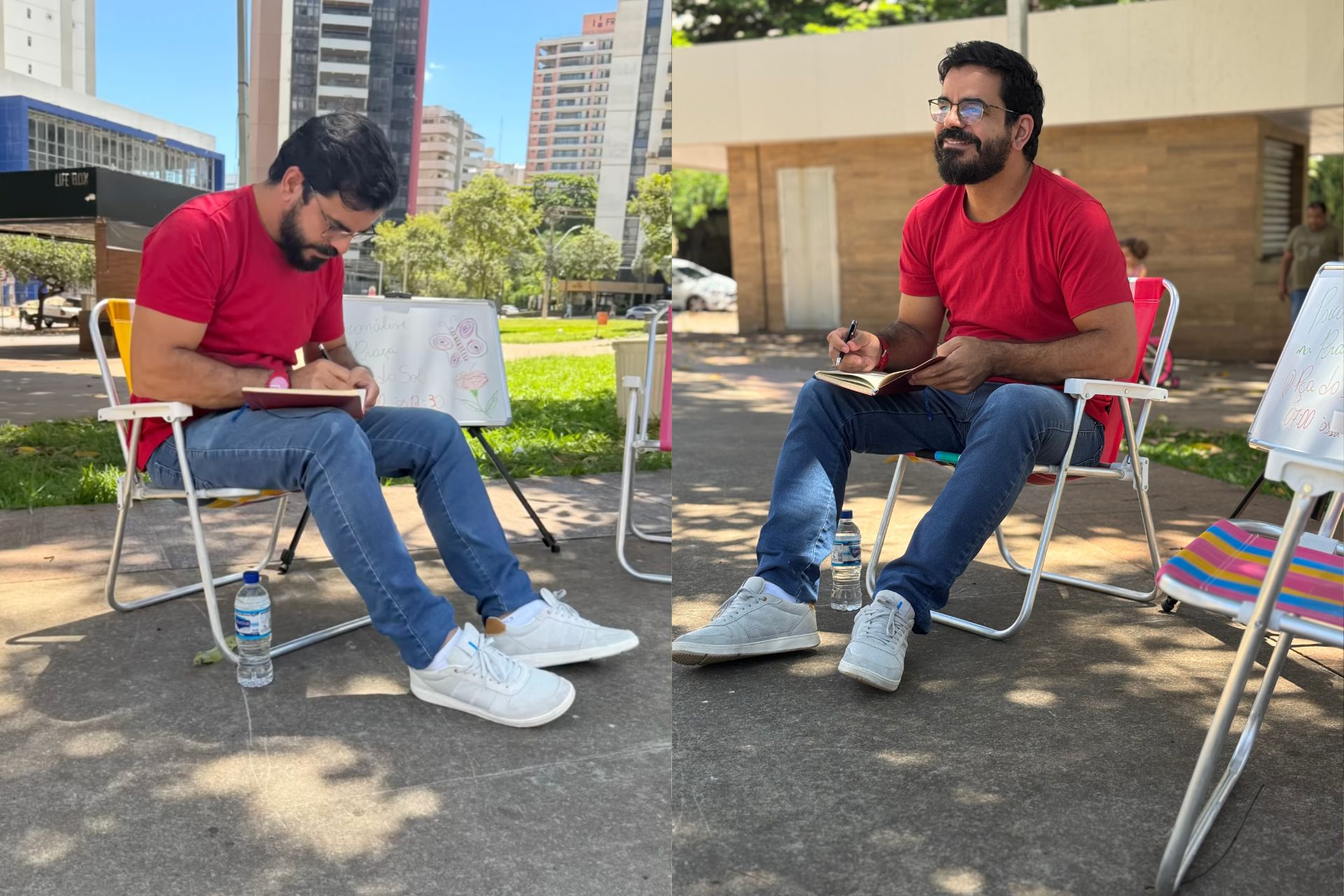 O psicanalista Jorge Cordeiro criador do projeto Psicanálise na Praça atende a cada 15 dias, gratuitamente em uma praça de Goiânia (GO). -F otos: reprodução/Instagram