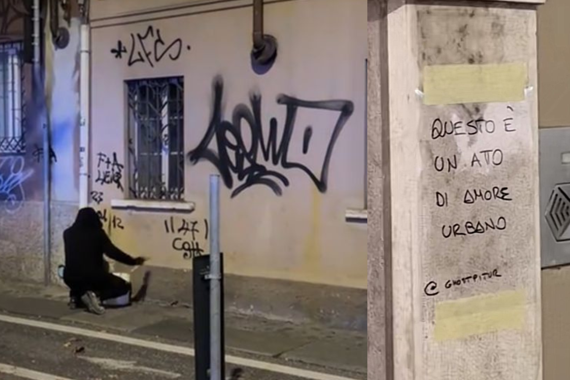 Um pintor fantasma limpa pichações de prédios históricos de madrugada, na Itália. Vídeo dele tem 4,8 milhões de visualizações. - Foto: Ghospitur/Tiktik