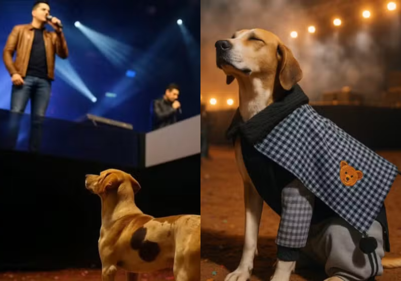 O cachorro caramelo que viralizou enquanto assistia ao show da dupla João Bosco e Vinícius, foi adotado pelo cantor Vinícius e a esposa - Foto: reprodução redes sociais