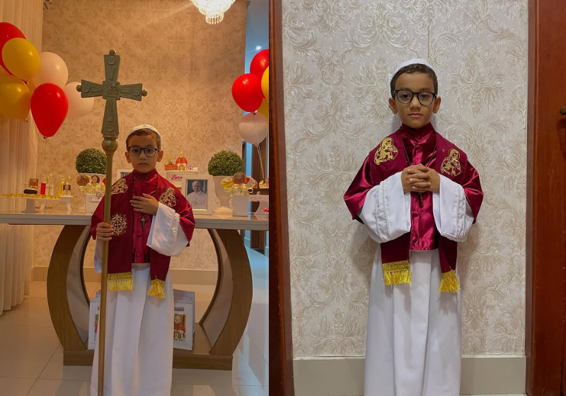 O garotinho escolheu o Papa Leão XIV como tema de aniversário. O resultado ficou incrível - Foto: reprodução Instagram @tatiele_peres