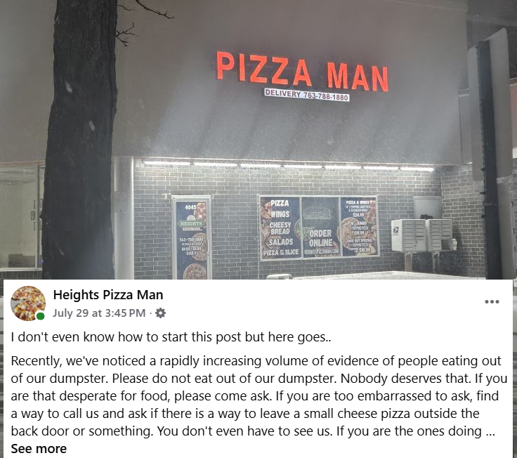 O dono de uma pizzaria ficou arrasado quando descobriu que pessoas comiam restos de pizza no lixo. A atitude linda dele provocou onda do bem. - Foto: reprodução / Facebook