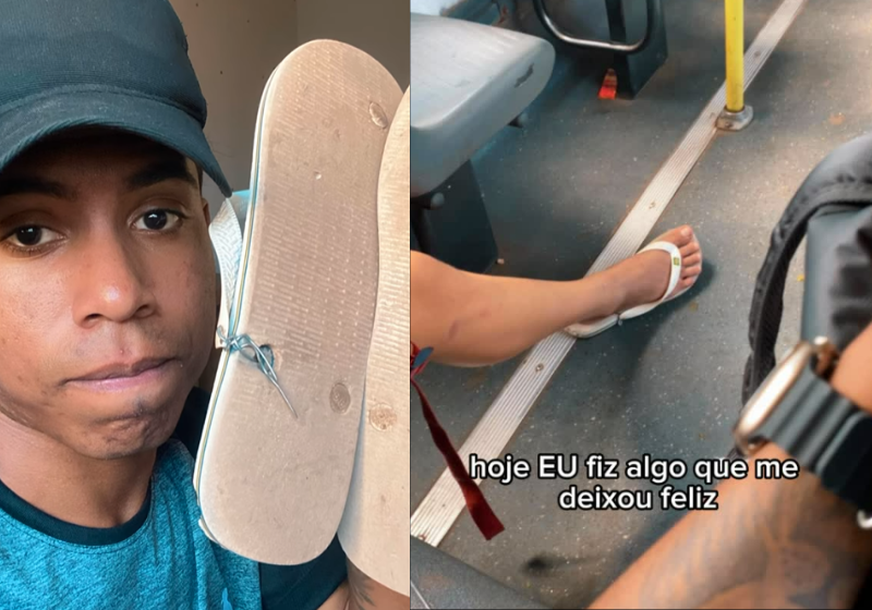 Welington, o jovem humilde tirou os próprios chinelos e deu para um rapaz que estava com uma havaiana quebrada. O gesto viralizou e ele começa a receber ajuda. - Foto: redes sociais